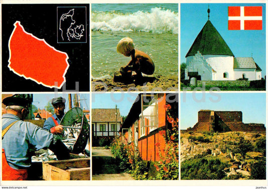 Bornholm - map - church - beach - street - fish - multiview - 5080 - 1999 - Denmark - used - JH Postcards