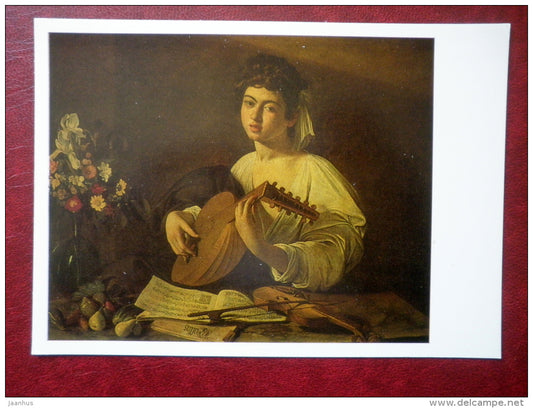 painting by Caravaggio , The Lute Player , ca 1595 - violin - italian art - unused - JH Postcards
