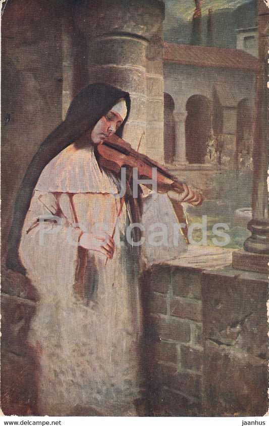 painting by Hermann Kaulbach - Ave Maria - violin - nun - 141 - German art - old postcard - Germany - unused - JH Postcards