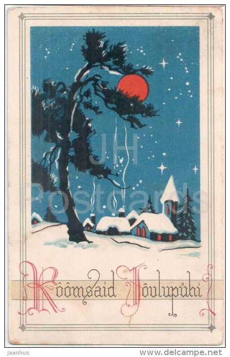 christmas greeting card - church - night - moon - winter view - circulated in Estonia 1935 - JH Postcards
