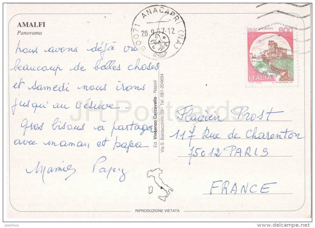 panorama - Amalfi - Campania - 134 - Italia - Italy - sent from Italy Anacapri to France Paris 1997 - JH Postcards