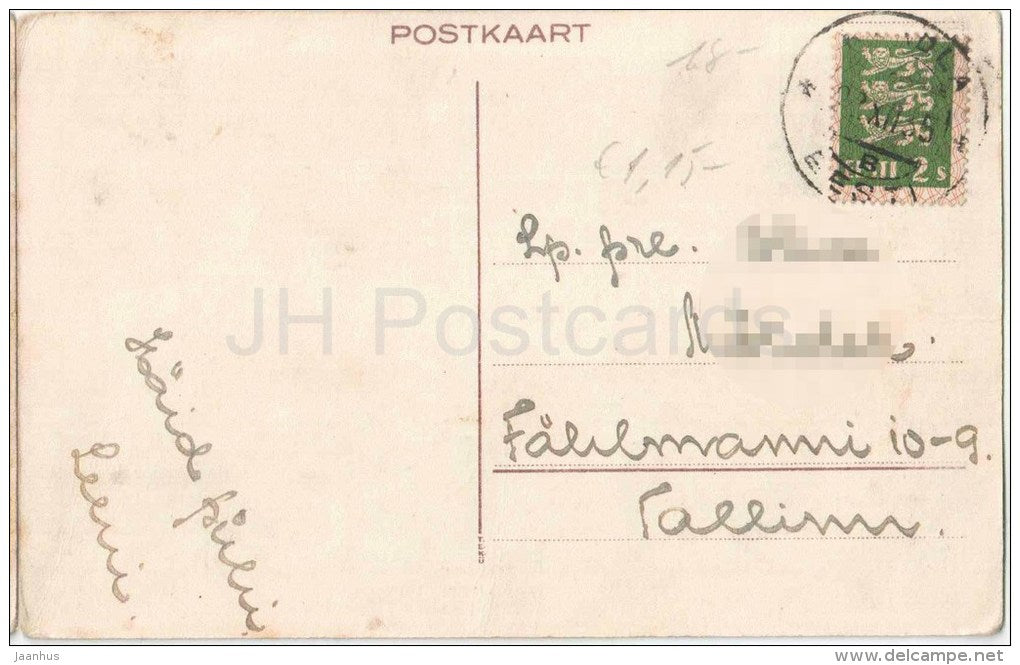 christmas greeting card - church - night - moon - winter view - circulated in Estonia 1935 - JH Postcards