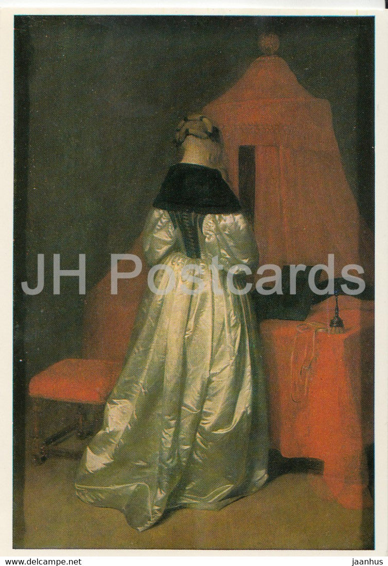 painting by Gerard Ter Borch - Eine Dame in weissem Atlas - Dutch art - Germany DDR - unused - JH Postcards