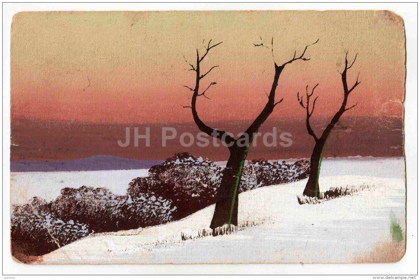 wintwr landscape - trees - illustration - circulated in Estonia Mail Wagon Pärnu-Tallinn 1927 - JH Postcards