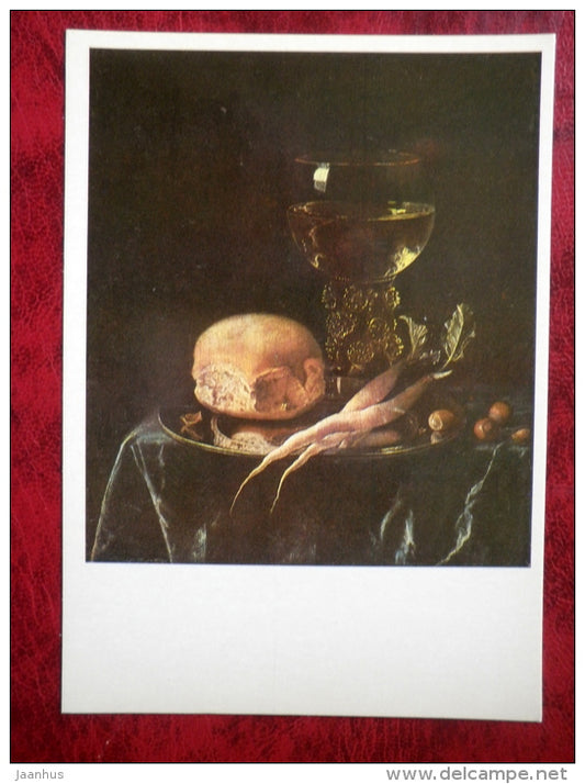 Painting by Paulus van den Bos - Still Life - bread - goblet - dutch art - unused - JH Postcards