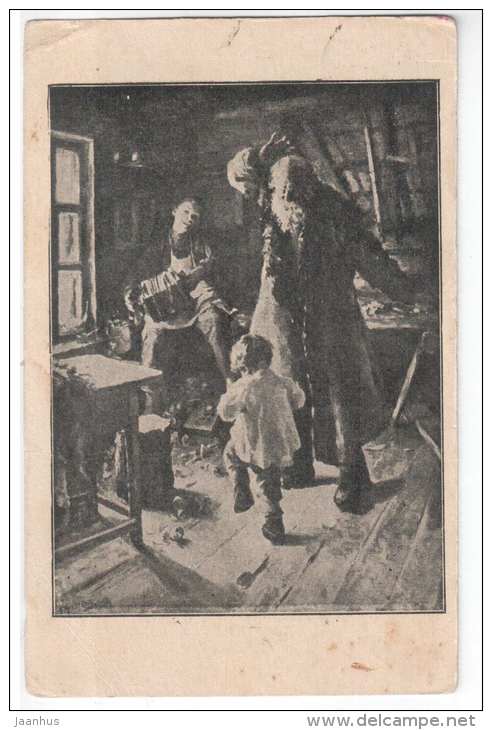 painting - old man and boy dancing - accordion - old postcard - circulated in Estonia 1916, Oberpahlen - used - JH Postcards