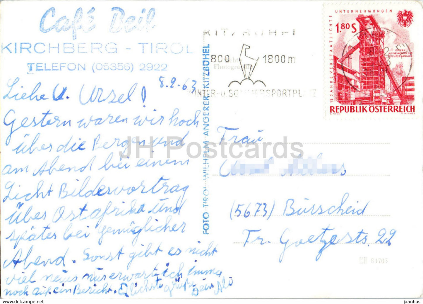 Cafe Beil - Kirchberg Tirol - alte Postkarte - 1963 - Österreich - gebraucht
