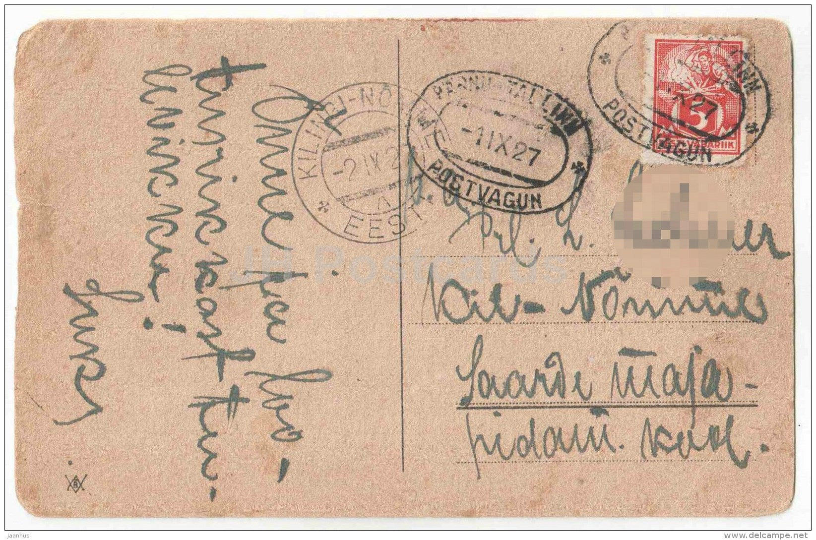 wintwr landscape - trees - illustration - circulated in Estonia Mail Wagon Pärnu-Tallinn 1927 - JH Postcards