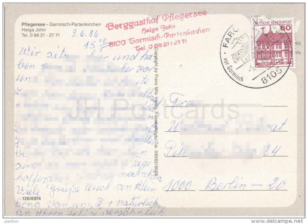 Pflegersee - Garmisch-Partenkirchen - lake - 126/6974 - Germany - 1986 gelaufen - JH Postcards