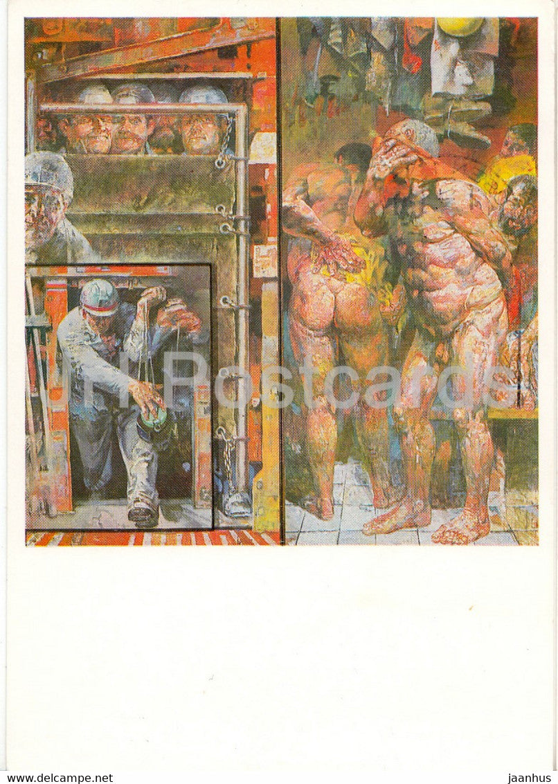 painting by Willi Sitte - Nach der Schicht im Salzbergwerk - nude - naked - German art - 1986 - Germany DDR - used - JH Postcards