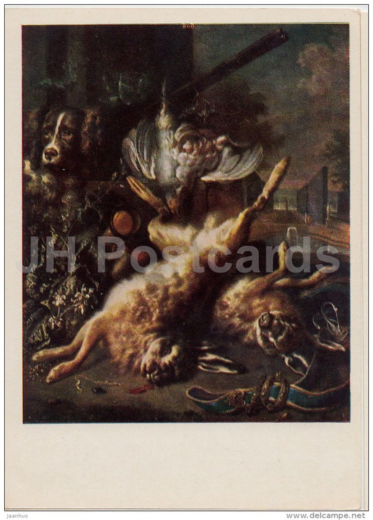painting by Jan Weenix - Hunting Trophies - hare - bird - dog - gun - Dutch art - 1965 - Russia USSR - unused - JH Postcards