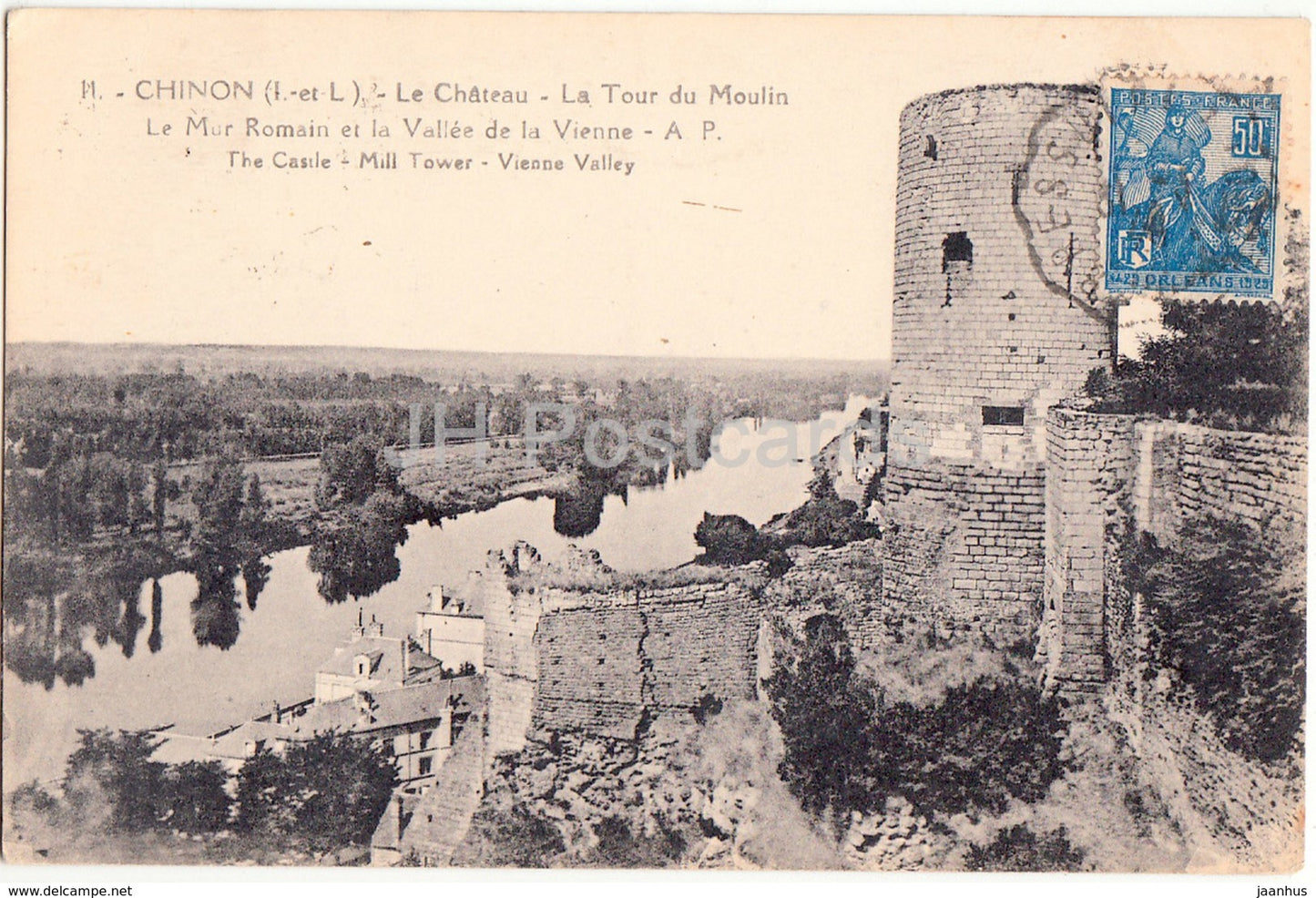 Chinon - Le Chateau - La Tour du Moulin - le mur romain et la Vienne - 11 - 1929 - old postcard - France - used - JH Postcards