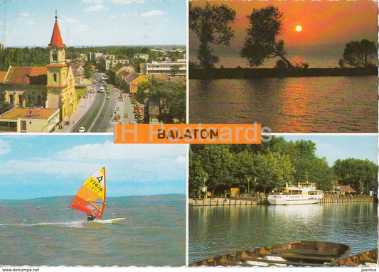 Greetings from the lake Balaton - windsurfing - boat - town - multiview - 1982 - Hungary - used - JH Postcards