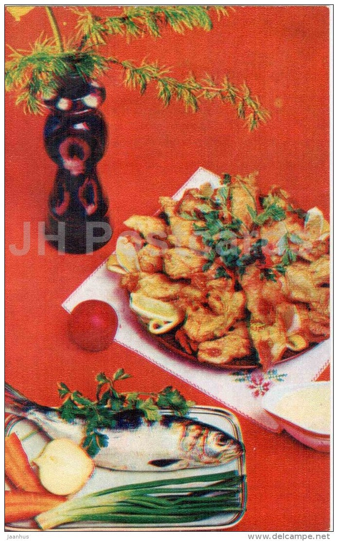 fish fried in dough - fish - tomato - onion - Ocean Gifts - dishes - cuisine - 1981 - Russia USSR - unused - JH Postcards