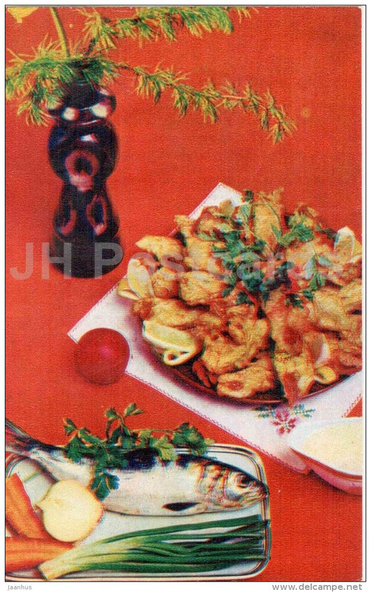 fish fried in dough - fish - tomato - onion - Ocean Gifts - dishes - cuisine - 1981 - Russia USSR - unused - JH Postcards