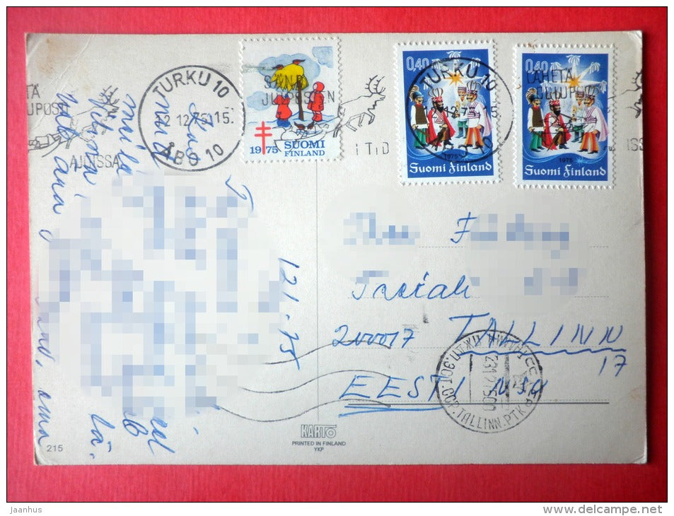 Christmas Greeting Card - girl - fashion - 215 - Finland - sent from Finland Turku to Estonia USSR 1975 - JH Postcards