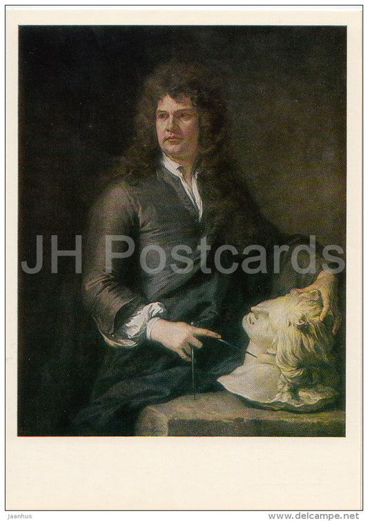 painting by Godfrey Kneller - Portrait of sculptor Grinling Gibbons , 1690 - English art - Russia USSR - 1986 - unused - JH Postcards