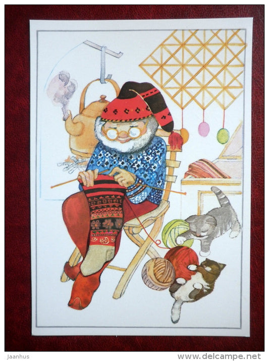 New Year Greeting card - illustration by Maarja Värv - cats - Christmas crown - knitting - 1989 - Estonia USSR - used - JH Postcards