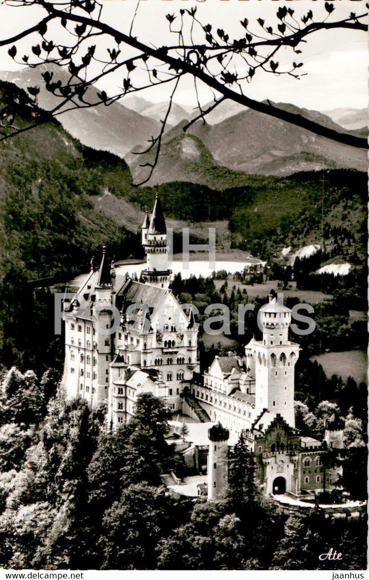 Konigsschloss Neuschwanstein mit Schwansee - castle - old postcard - 1959 - Germany - used - JH Postcards