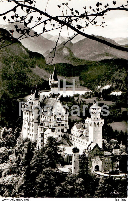 Konigsschloss Neuschwanstein mit Schwansee - castle - old postcard - 1959 - Germany - used - JH Postcards