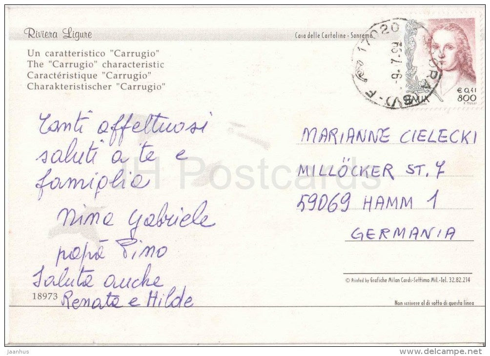 un caratteristico Carrugio - Riviera Ligure - Liguria - 18973 - Italia - Italy - sent from Italy to Germany 1999 - JH Postcards