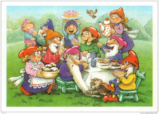 illustration by Artur - dwarfs - cat - children - bird - cake - Germany - unused - JH Postcards