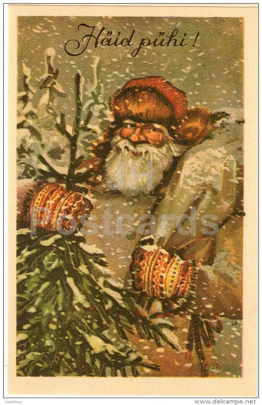 Christmas Greeting Card - Santa Claus - Christmas Tree - REPRODUCTION ! - 1988 - Estonia USSR - unused - JH Postcards