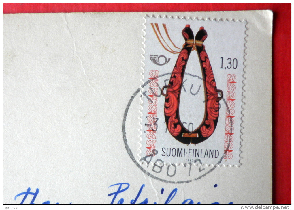 illustration by Fingal - lady - dinner - Finland - sent from Finland Turku to Estonia USSR 1980 - JH Postcards