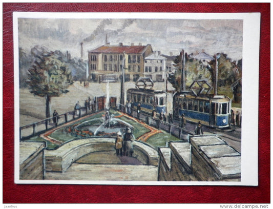 painting by N. Kull - view at Viru Square - streetcar - tram - old postcard - Estonia - unused - JH Postcards