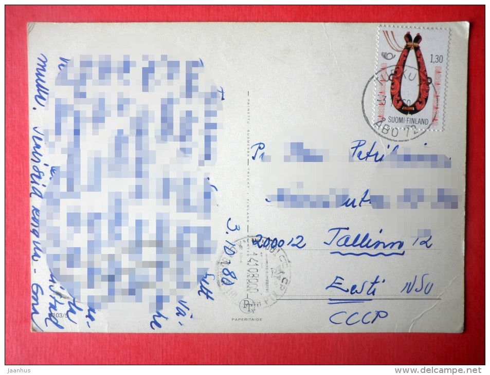 illustration by Fingal - lady - dinner - Finland - sent from Finland Turku to Estonia USSR 1980 - JH Postcards