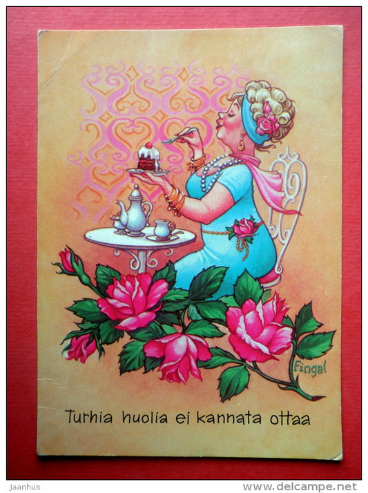 illustration by Fingal - lady - dinner - Finland - sent from Finland Turku to Estonia USSR 1980 - JH Postcards