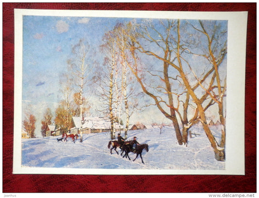 Painting by K. Yuon - The March sun . 1915 - winter - horses - russian art - unused - JH Postcards