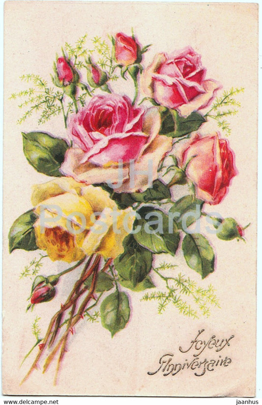 Birthday Greeting Card - Joyeux Anniversaire - roses - 113 - illustration - old postcard - 1952 - France - used - JH Postcards