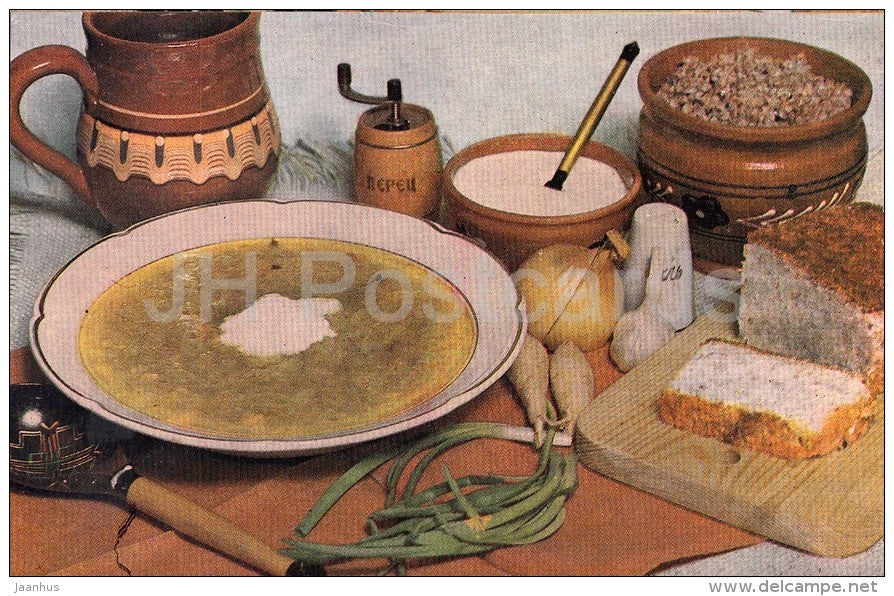 Cabbage Soup with Pork - onion - white bread - Soup recipes - 1988 - Russia USSR - unused - JH Postcards