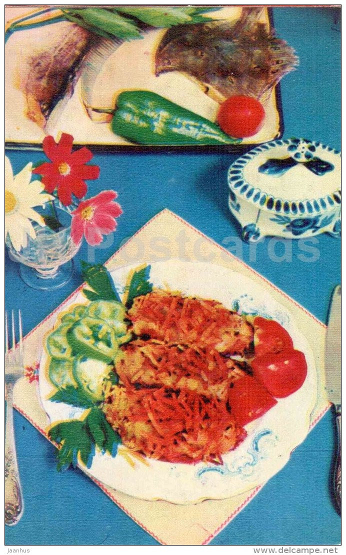 Sailor schnitzel - fish - tomato - Ocean Gifts - dishes - cuisine - 1981 - Russia USSR - unused - JH Postcards