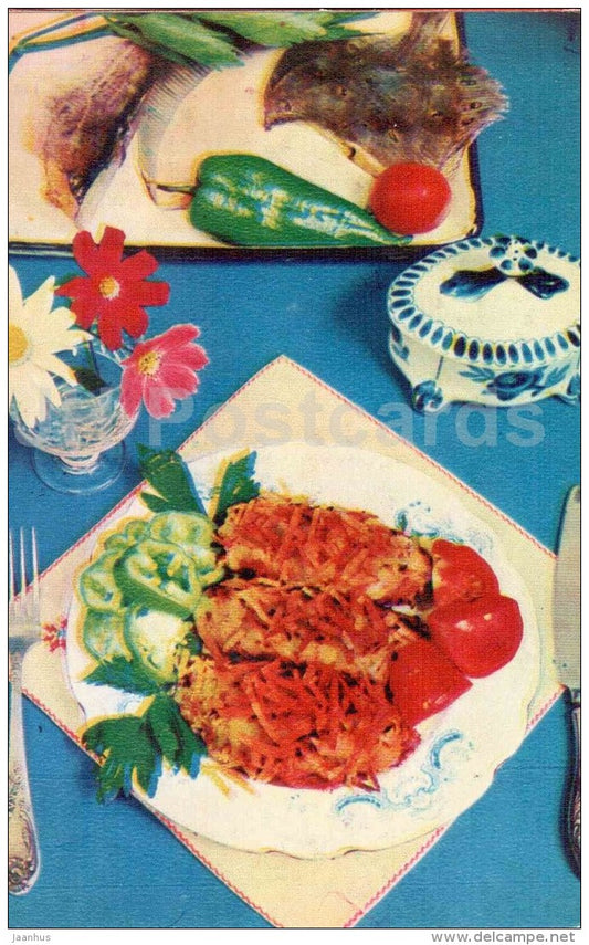 Sailor schnitzel - fish - tomato - Ocean Gifts - dishes - cuisine - 1981 - Russia USSR - unused - JH Postcards