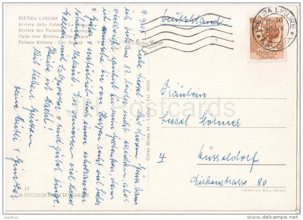 Riviera delle Palme , La Spiaggia - beach - Pietra Ligure - Savona - Liguria - P. 12 - Italia - Italy - used in 1965 - JH Postcards