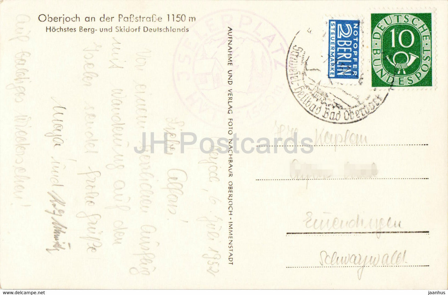 Oberjoch an der Passstraße 1150 m - Iseler - alte Postkarte - 1952 - Deutschland - gebraucht