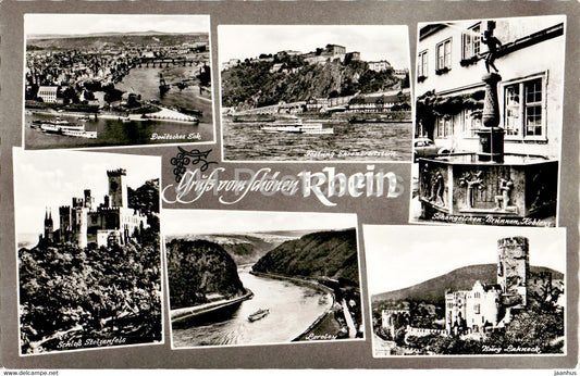 Gruss vom schonen Rhein - Deutsches Eck - Schloss Stolzenfels - Loreley - Burg Lahneck - old postcard - Germany - unused - JH Postcards