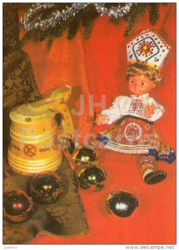 New Year Greeting card - 2 - decorations - beer mug - doll in folk costumes - 1976 - Estonia USSR - used - JH Postcards