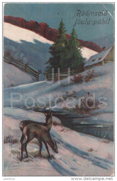christmas greeting card - deer - winter view - mountain - EAS 3184 - circulated in Estonia 1926 Palamuse Tartu - JH Postcards