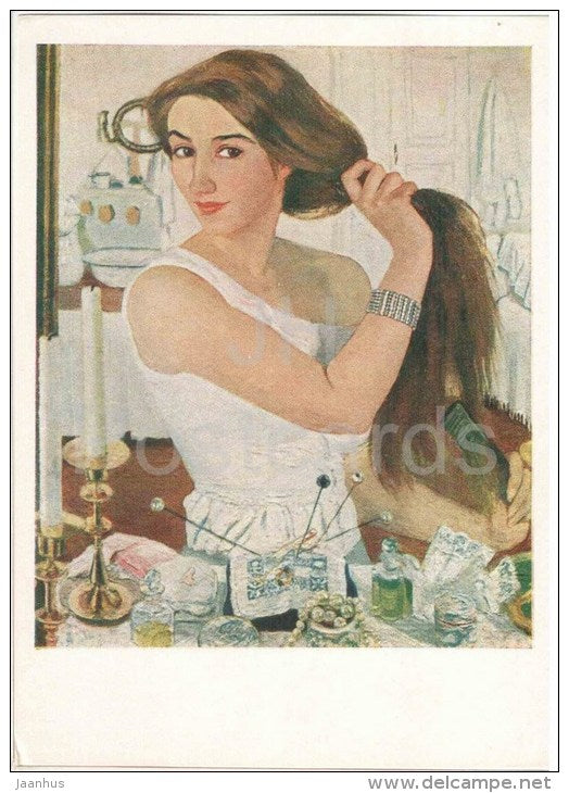 painting by Z. Serebryakova - Lady Combing Her Hair , self-portrait - State Tretyakov Gallery - russian art - unused - JH Postcards