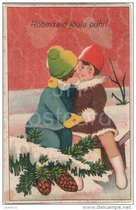 christmas greeting card - children - fir cone - circulated in Estonia 1920s - JH Postcards