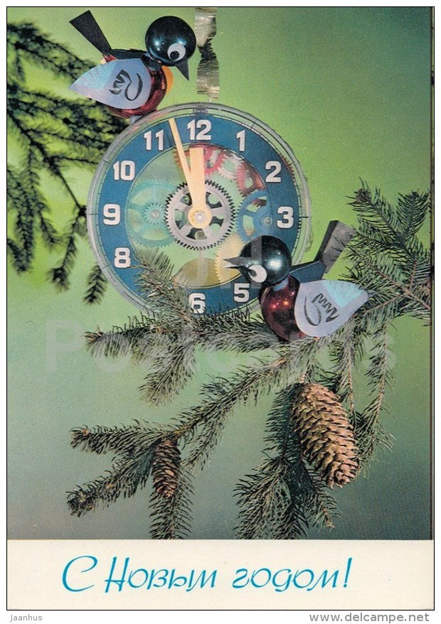 New Year greeting card - clock - birds - postal stationery - 1976 - Russia USSR - used - JH Postcards