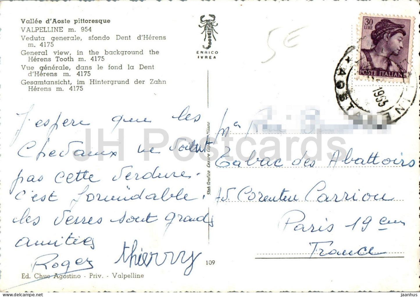 Valpelline - Veduta Generale sfondo Dent d'Hernes - vue générale - Herens Tooth - 109 - 1963 - Italie - utilisé 