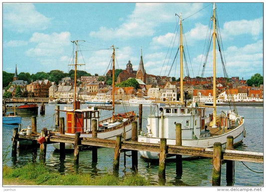 Flensburg - Hafen und Stadt - Boot - boat - port - Germany - ungelaufen - JH Postcards