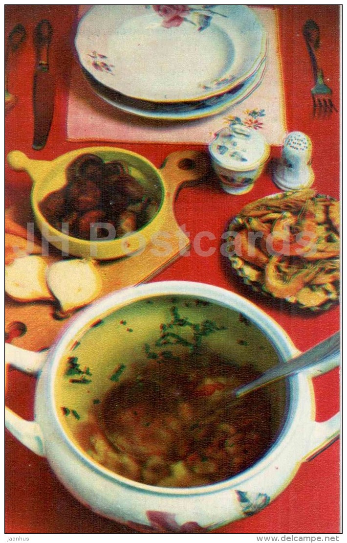 spicy soup with prawns - Ocean Gifts - dishes - cuisine - 1981 - Russia USSR - unused - JH Postcards