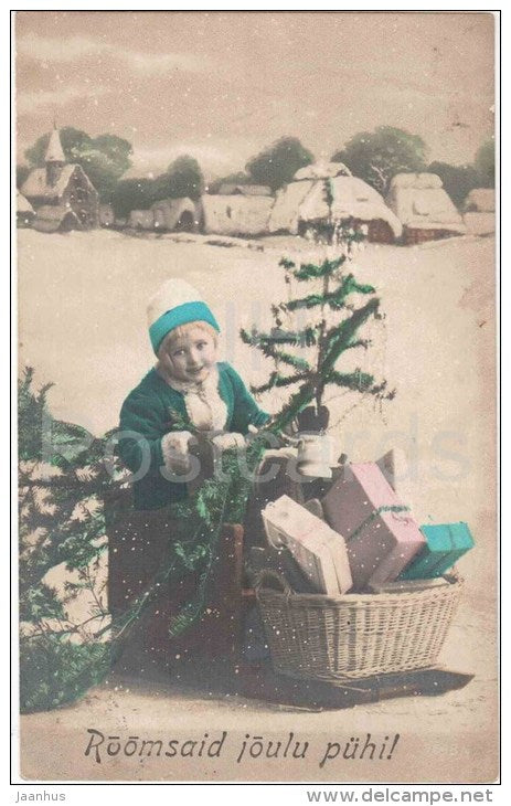 christmas greeting card - child - gifts - christmas tree - village - 7648/1 - circulated in Estonia 1931 Torma - JH Postcards