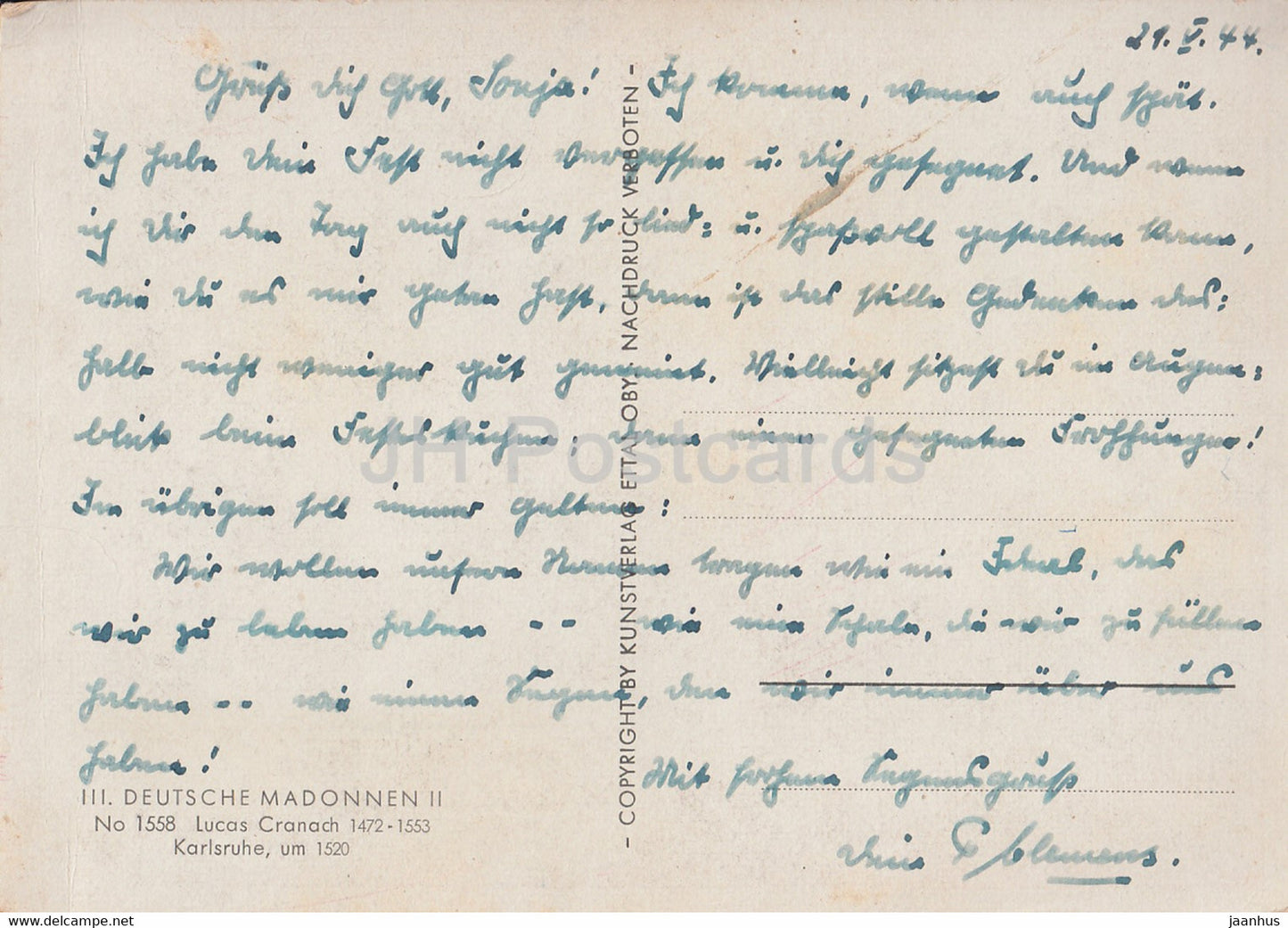 painting by Lucas Cranach - Deutsche Madonnen II - 1558 - German art - 1944 - old postcard - Germany DDR - used