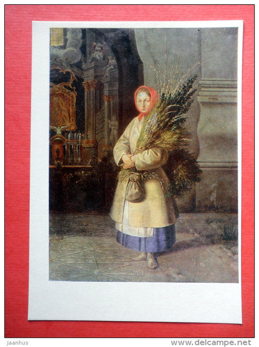 painting by Kanutas Ruseckas - A Lithuanian Girl with Palm Sunday Flowers , 1847 - Altar - lithuanian art - unused - JH Postcards